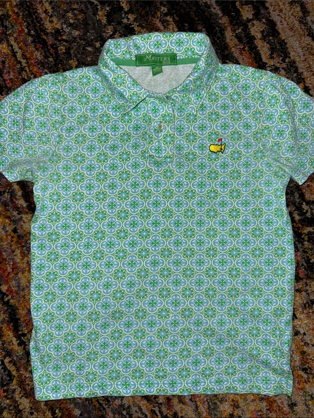 Masters Kids' Green Blue & White Geometric Polo 8-10